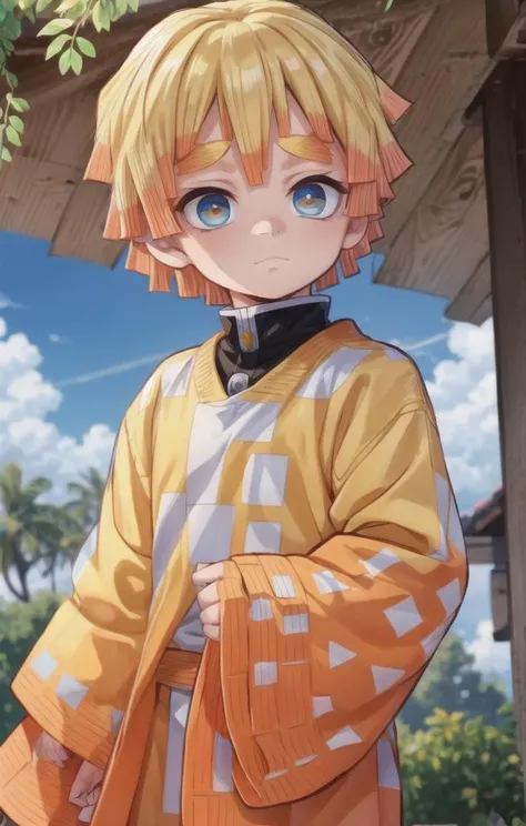 1 boy,more details in eyes,cute,looking at viewer, adorabel boy,cute face,details sky,handsome,young,juvenile,((masterpiece:1.4,best quality)),multiple details,colorful hair,eyeshadow,, sfw, <lora:agatsuma_zenitsu_v2:1>