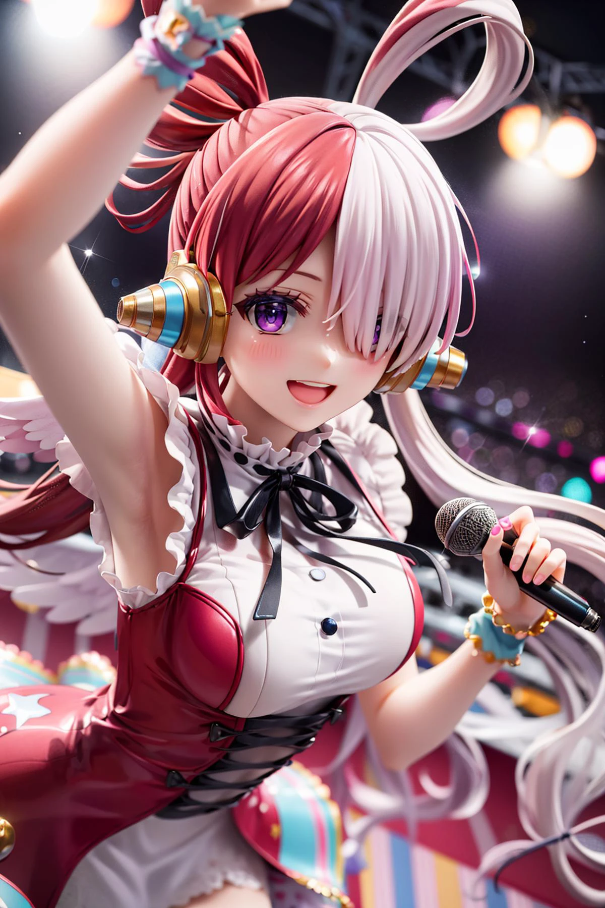 masterpiece, ultra detailed background, delicate pattern, intricate detail, highly detailed, fine details, best quality, beautiful lighting, 4K, 8K, beautiful detailed eyes, medium breasts, (on stage, concert, audience:1.3),
face to camera, looking at viewer, cowboy shot, microphone, singing, holding microphone,
animal ears, coat, bare arms, center frills, dress, frills, gradient, hair over one eye, head wings, headphones, long hair, (red hair:0.5 AND pink hair:1.3),
red hair, white hair, neck ribbon, purple eyes, ribbon, sleeveless, smile, solo,
<lora:uta-10:0.9>, uta,
<lora:detail_slider_v4:1>,
<lora:more_details:0.2>,
<lora:zoom_slider_v1:-1>,
<lora:emotion_happy_slider_v1:2>,
<lora:GoodHands-vanilla:1>,
<lora:shou-v50:0.2>,