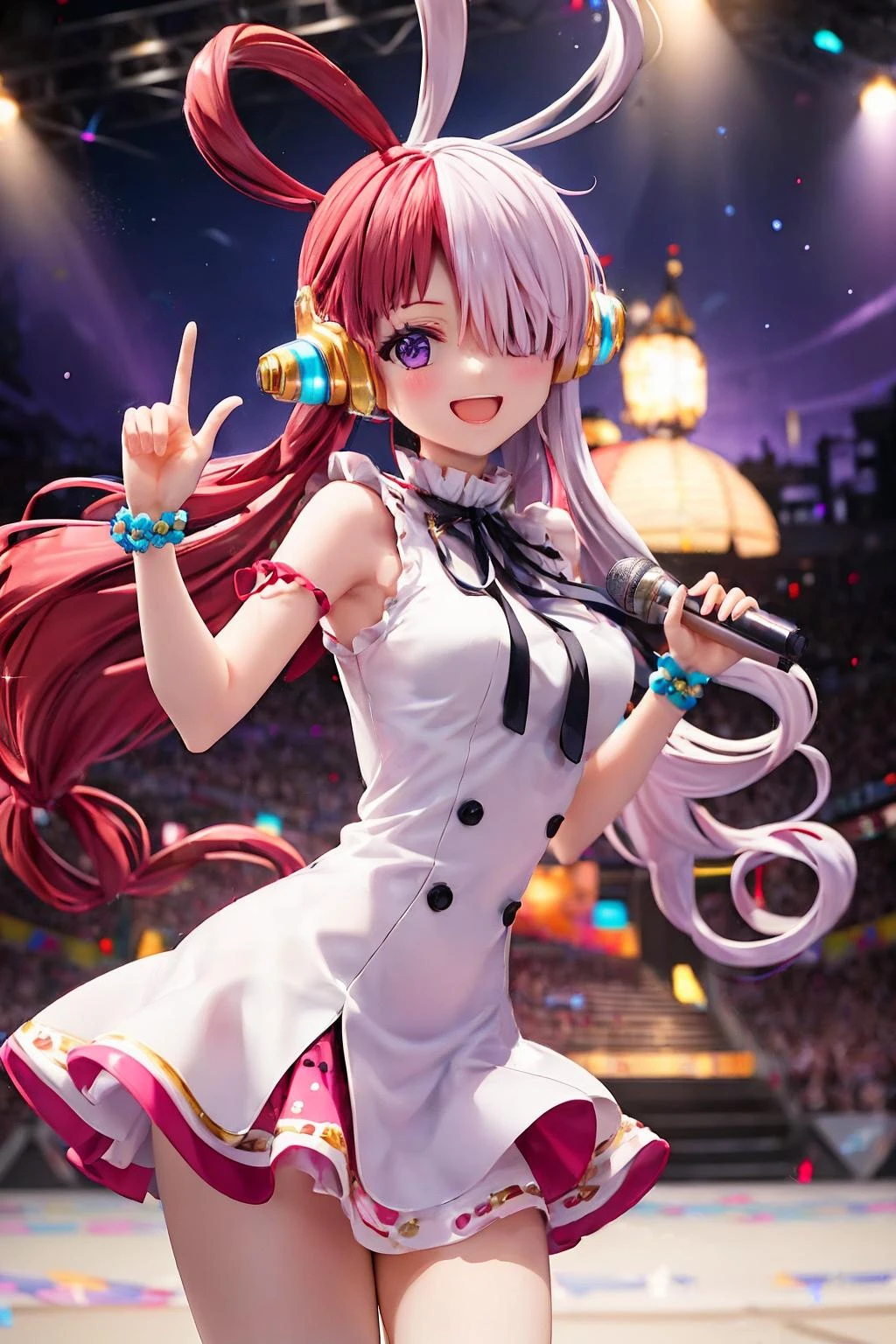 masterpiece, ultra detailed background, delicate pattern, intricate detail, highly detailed, fine details, best quality, 4K, 8K, beautiful detailed eyes, medium breasts, stage lighting, spotlights, colorful spotlights, on concert stage,
1girl, face to camera, looking at viewer,
animal ears, bare arms, center frills, (white dress:1.2), (white clothes:1.2), frills, gradient, hair over one eye, head wings, headphones, long hair, (red hair:0.5 AND pink hair:1.3),
red hair, pink hair, neck ribbon, purple eyes, ribbon, sleeveless, smile, solo,
<lora:uta-10:1>, uta,
<lora:detail_slider_v4:1>,
<lora:more_details:0.2>,
<lora:zoom_slider_v1:-1>,
<lora:emotion_happy_slider_v1:2>,
<lora:shou-v50:0.75>,
