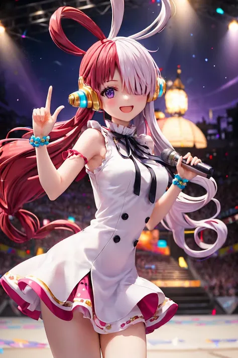 masterpiece, ultra detailed background, delicate pattern, intricate detail, highly detailed, fine details, best quality, 4K, 8K, beautiful detailed eyes, medium breasts,  stage lighting, spotlights, colorful spotlights, on concert stage,
1girl, face to camera, looking at viewer,
animal ears, bare arms, center frills, (white dress:1.2), (white clothes:1.2), frills, gradient, hair over one eye,  head wings, headphones, long hair, (red hair:0.5 AND pink hair:1.3),
red hair, pink hair, neck ribbon, purple eyes, ribbon, sleeveless, smile, solo,
<lora:uta-10:1>, uta,
<lora:detail_slider_v4:1>,
<lora:more_details:0.2>,
<lora:zoom_slider_v1:-1>,
<lora:emotion_happy_slider_v1:2>,
<lora:shou-v50:0.75>,