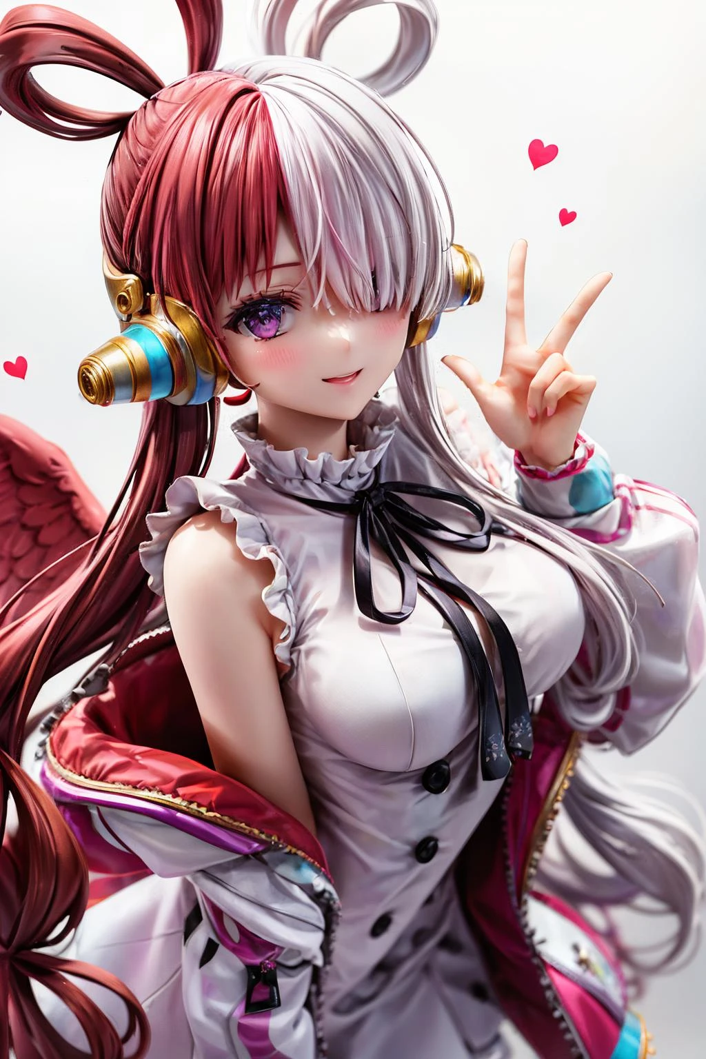 masterpiece, ultra detailed background, delicate pattern, intricate detail, highly detailed, fine details, best quality, beautiful lighting, 4K, 8K, beautiful detailed eyes, medium breasts, one piece, (colorful stage lighting, live stage:1.3), concert, singing,
1girl, face to camera, looking at viewer,
animal ears, coat, bare arms, center frills, dress, frills, gradient, hair over one eye, head wings, headphones, long hair, (red hair:0.5 AND pink hair:1.3),
red hair, white hair, neck ribbon, purple eyes, ribbon, sleeveless, smile, solo,
<lora:uta-10:1>, uta,
<lora:detail_slider_v4:1>,
<lora:more_details:0.6>,
<lora:shou-v50:0.4>