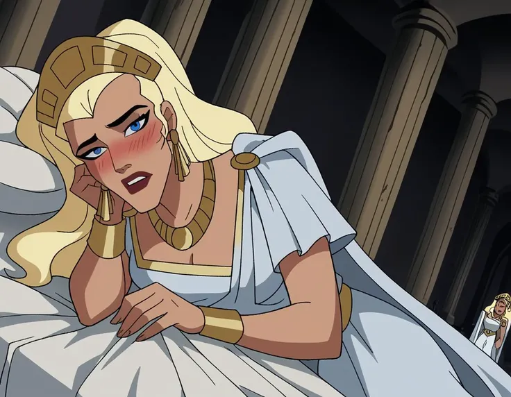 score_9, score_8_up, score_7_up, source_anime,
hippolyta, <lora:hippolyta-dcau-ponyxl-lora-nochekaiser:1>,
hippolyta, long hair, blue eyes, blonde hair, makeup, lipstick,
dress, jewelry, earrings, cape, white dress, necklace, crown, tiara,
indoors, bed, bed room, on side, blush, drunk,
cowboy shot, looking at viewer, solo, dutch angle,