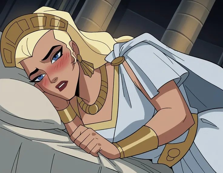 score_9, score_8_up, score_7_up, source_anime,
hippolyta, <lora:hippolyta-dcau-ponyxl-lora-nochekaiser:1>,
hippolyta, long hair, blue eyes, blonde hair, makeup, lipstick,
dress, jewelry, earrings, cape, white dress, necklace, crown, tiara,
indoors, bed, bed room, on side, blush, drunk,
cowboy shot, looking at viewer, solo, dutch angle,