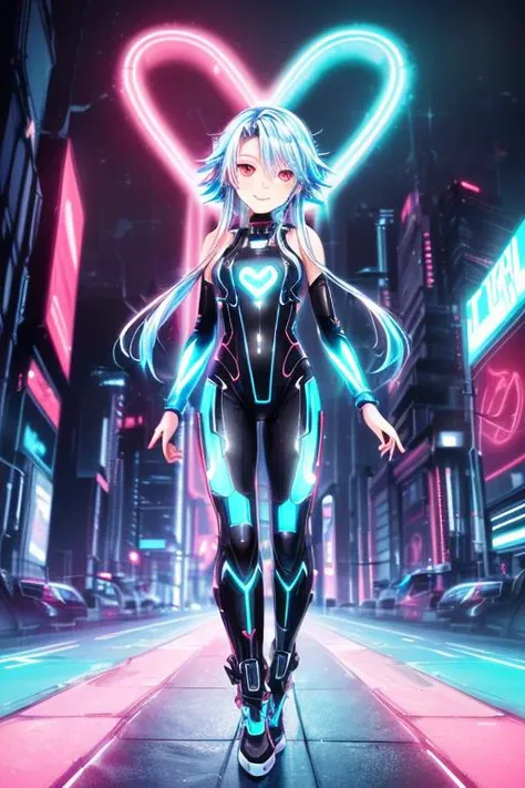 (masterpiece, best quality, highres, absurdres, ultra-detailed:1.3), 1girl, (tron, cyberspace, techno, cyberpunk, pink and cyan neon light rays, hdr: 1.6), (white heart, blue hair, red eyes, short hair with long locks, bare shoulders, symbol-shaped pupils, white bodysuit, smile), <lora:whiteHeartNeptunia_v1:0.6>, <lora:Squeezer2:0.55> <lora:add_detail_v1:0.9>