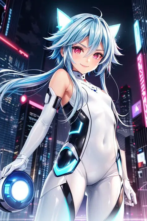 (masterpiece, best quality, highres, absurdres, ultra-detailed:1.3), 1girl, (tron, cyberspace, techno, cyberpunk, pink and cyan neon light rays, iridescent, holographic, hdr: 1.6), (white heart, blue hair, red eyes, short hair with long locks, bare shoulders, symbol-shaped pupils, white bodysuit, smile:1.3), <lora:whiteHeartNeptunia_v1:0.4>, <lora:Squeezer2:0.55> <lora:add_detail_v1:0.9>