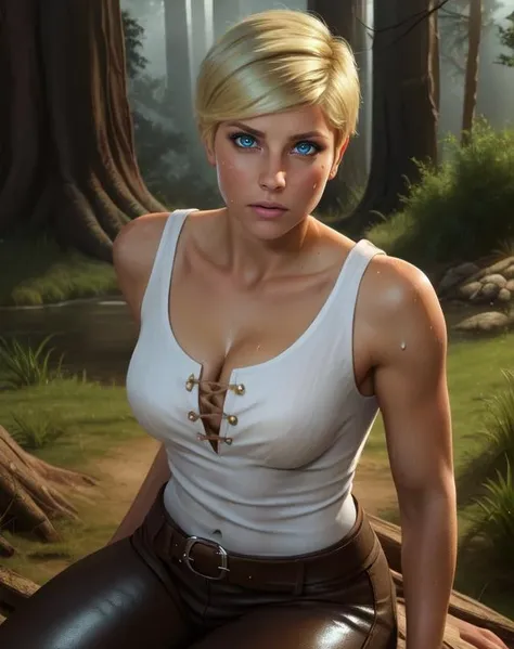 Ranger, blonde hair, blue eyes, short hair,
white shirt, leather armor, cleavage, cowboy shot,
upper body, standing, motion lines,
forest, morning, dirty clothes, sitting, sweat,
(insanely detailed, beautiful detailed face,beautiful detailed eyes, masterpiece, best quality)
<lora:Ranger:0.8>