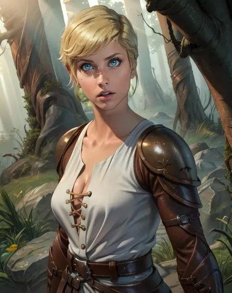Ranger, blonde hair, blue eyes,  short hair, 
white shirt, leather armor, cleavage, 
 upper body, standing,  motion lines, 
forest, morning, 
(insanely detailed, beautiful detailed face,beautiful detailed eyes, masterpiece, best quality) 
 <lora:Ranger:0.8>