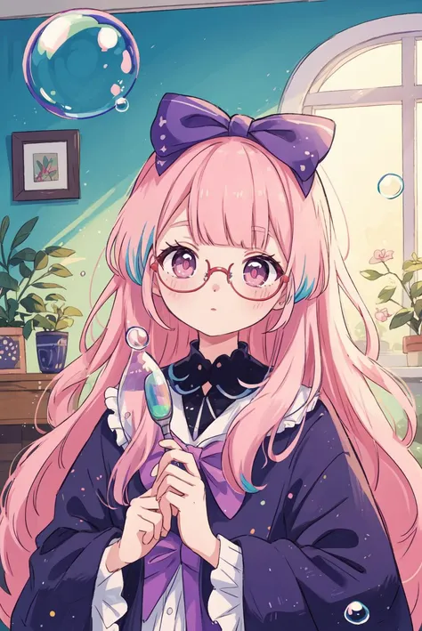 masterpiece,best quality,original,very detailed 8K portrait,detailed eyes,very delicate and beautiful,absurdres,(colorized:1.1),colorful,(good hands,nice hands:0.6),<lora:add_detail:0.5>,<lora:Xian-Tæé¨ä¿®å¤:0.5>,colorful bubble,indoor,window,(bespectacled:1.1),very long hair,(((colorful bubble))),upper body,<lora:kokomi_1024_Adam8_dim64_kohyaLoRA_fp32_8e-2noise_token2_24-3-2023:0.6:lbw=1,1,1,1,1,1,1,1,0,1,1,1,1,0,1,1,1,0,1,1,1,1,1,1,1,0>,sangonomiya kokomi,long hair,pink hair,bow-shaped hair,purple eyes,