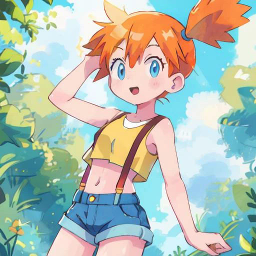 masterpiece, best quality, 1girl, misty (pokemon), orange hair, solo, shorts, suspenders, side ponytail, orange hair, midriff, yellow crop top, navel, short hair, denim, denim shorts, outdoors <lora:misty_(pokemon)_v2:0.5>, petite, butt up, sexy pose, <lora:Detailedeyes:0.5>, detailed eyes, blue eyes,