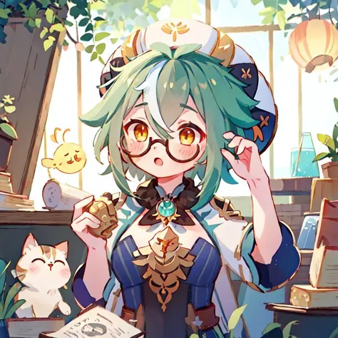 1girl, solo, masterpiece, best quality, illustration, absurdres, cute, film_grain, extremely detailed face, perfect lighting, green_hair, animal_ears, glasses, semi-rimless_eyewear, hat, bangs, vision_\(genshin_impact\), blush, multicolored_hair, long_hair, hair_between_eyes, cat_ears, orange_eyes, breasts, yellow_eyes, sucrose_genshin, <lora:sucrose_genshin:1>