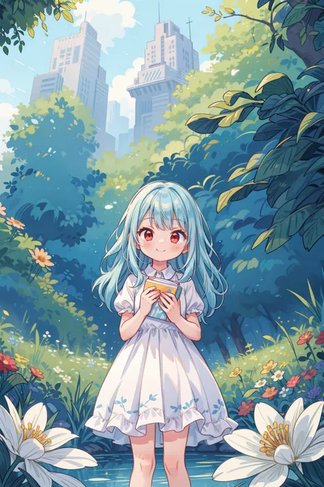 ((best quality)),((masterpiece)),((ultra-detailed)),(illustration),(detailed light),(an extremely delicate and beautiful),((trim)),incredibly_absurdres,(ray tracing),(reflection light),,BREAK (8k:1.3),Wallpaper,1girl,(girl middle of flower),(pure skyblue hair, red eyes:1.5),clear sky,outside,ultra-detailed, beautiful,pretty, (absurdly long hair, clear boundaries of the cloth:1.2),(pure white dress, pure white silk cloth:1.2),(ground of flowers, thousand of flowers, colorful flowers, flowers around her, various flowers),young,attractive,sundress,fantastic scenery,pure white high heels, <lora:add_detail:0.8>, blush, smile, (cowboy shot:1.4),