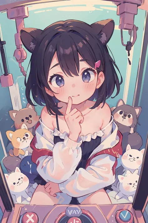 (masterpiece, best quality), 1girl, beautiful face, <lora:clawmachine:1> clawmachine, white blouse, jacket off shoulder,