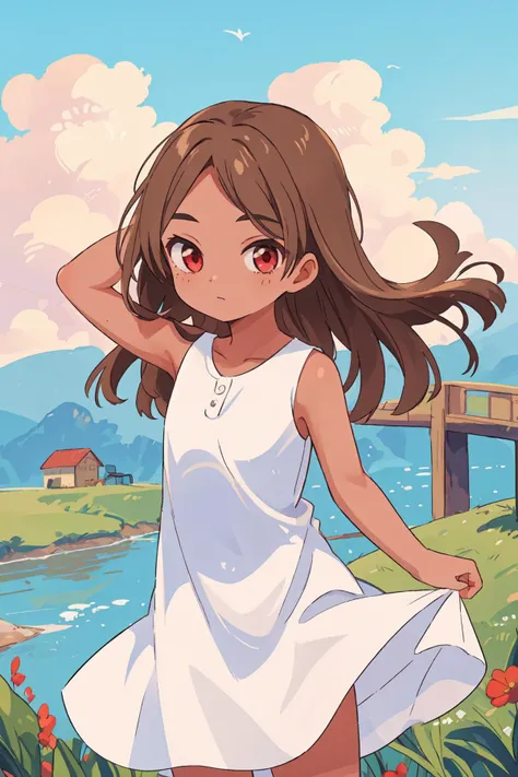 masterpiece, highres, best quality, 1girl, solo, cowboy shot, outdoors, 4s4hina, brown hair, white dress, bare shoulders, tanned skin, front angle, from the front, red eyes, <lora:asahina-04:1>