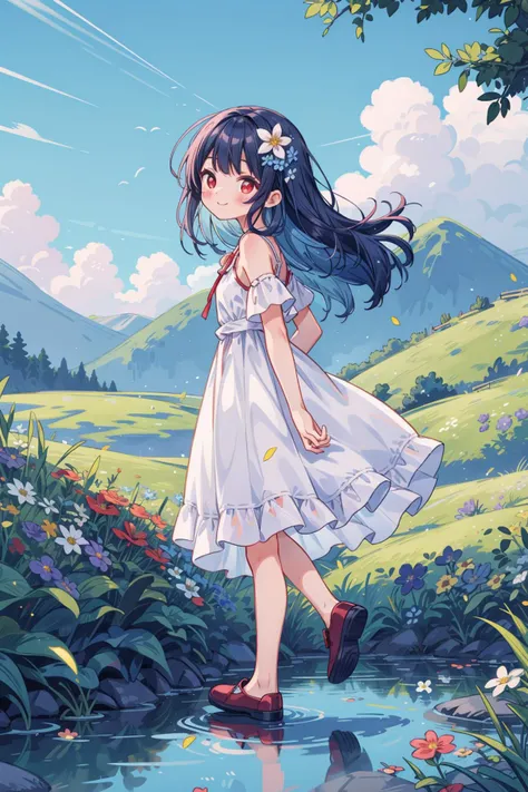 ((best quality)),((masterpiece)),((ultra-detailed)),(illustration),(detailed light),(an extremely delicate and beautiful),((trim)),incredibly_absurdres,(ray tracing),(reflection light),,BREAK (8k:1.3),Wallpaper,1girl,(girl middle of flower),(pure skyblue hair, red eyes:1.5),clear sky,outside,ultra-detailed, beautiful,pretty, (absurdly long hair, clear boundaries of the cloth:1.2),(pure white dress, pure white silk cloth:1.2),(ground of flowers, thousand of flowers, colorful flowers, flowers around her, various flowers),young,attractive,sundress,fantastic scenery,<lora:add_detail:0.8>, blush, smile, full body, from side,