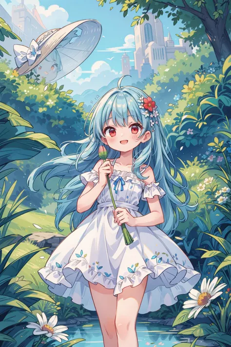 ((best quality)),((masterpiece)),((ultra-detailed)),(illustration),(detailed light),(an extremely delicate and beautiful),((trim)),incredibly_absurdres,(ray tracing),(reflection light),,BREAK (8k:1.3),Wallpaper,1girl,(girl middle of flower),(pure skyblue hair, red eyes:1.5),clear sky,outside,ultra-detailed, beautiful,pretty, (absurdly long hair, clear boundaries of the cloth:1.2),(pure white dress, pure white silk cloth:1.2),(ground of flowers, thousand of flowers, colorful flowers, flowers around her, various flowers),young,attractive,sundress,fantastic scenery,pure white high heels, <lora:add_detail:0.8>, blush, smile, (cowboy shot:1.4),