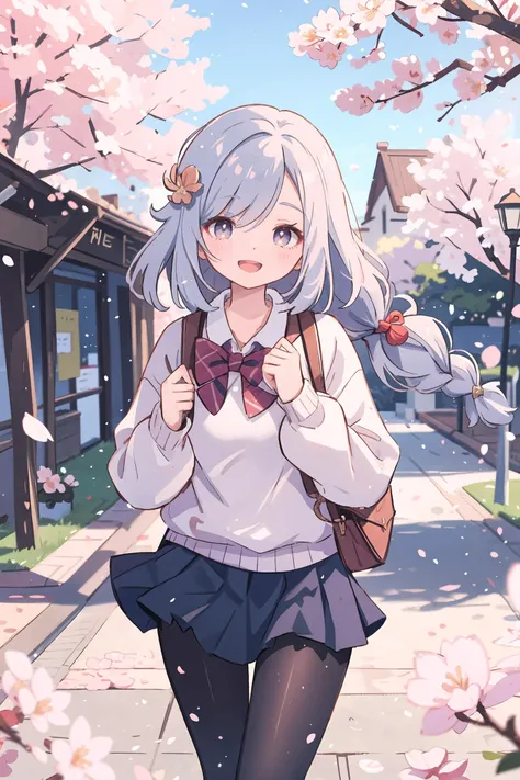 1girl, shenhe \(genshin impact\), braid ponytail, solo, school uniform, white shirt, sweater, pleated skirt, pantyhose, light smile, double v, looking at viewer, smile, open mouth, outdoors, street, cherry blossoms, petals, depth of field, masterpiece