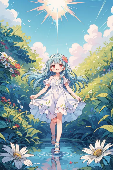 ((best quality)),((masterpiece)),((ultra-detailed)),(illustration),(detailed light),(an extremely delicate and beautiful),((trim)),incredibly_absurdres,(ray tracing),(reflection light),,BREAK (8k:1.3),Wallpaper,1girl,(girl middle of flower),(pure skyblue hair, red eyes:1.5),clear sky,outside,ultra-detailed, beautiful,pretty, (absurdly long hair, clear boundaries of the cloth:1.2),(pure white dress, pure white silk cloth:1.2),(ground of flowers, thousand of flowers, colorful flowers, flowers around her, various flowers),young,attractive,sundress,fantastic scenery,pure white high heels, <lora:add_detail:0.8>, blush, smile, full body,