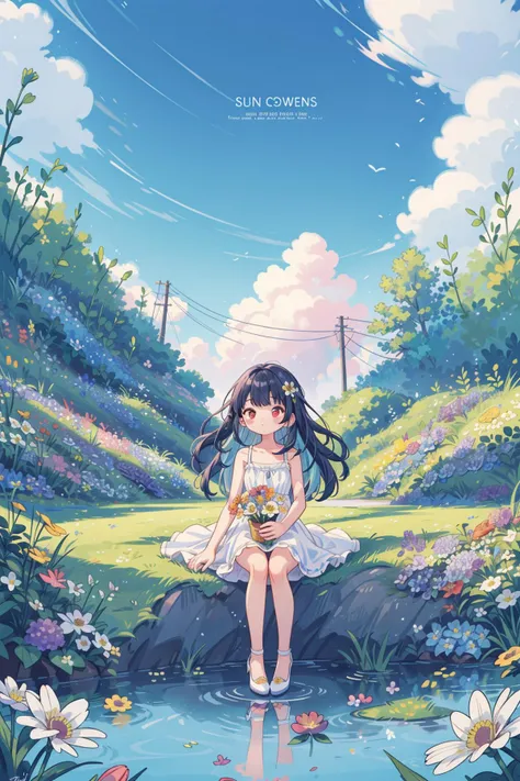 ((best quality)),((masterpiece)),((ultra-detailed)),(illustration),(detailed light),(an extremely delicate and beautiful),((trim)),incredibly_absurdres,(ray tracing),(reflection light),(( Poster)),(signature:1.3),(English text:1.3),BREAK (8k:1.3),Wallpaper,1girl,(girl middle of flower:1.4),(pure skyblue hair, red eyes:1.5),clear sky,outside,ultra-detailed, beautiful,pretty,sitting on the ground,(absurdly long hair, clear boundaries of the cloth:1.4),(pure white dress, pure white silk cloth:1.5),(ground of flowers, thousand of flowers, colorful flowers, flowers around her, various flowers:1.51),young,stunning,attractive,sundress,fantastic scenery,pure white high heels, <lora:add_detail:0.7>