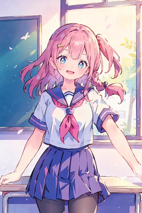 1girl, asta \(honkai: star rail\), solo, serafuku, sailor collar, pleated skirt, pantyhose, looking at viewer, light smile, cowboy shot, smile, open mouth, classroom, indoors, depth of field, masterpiece