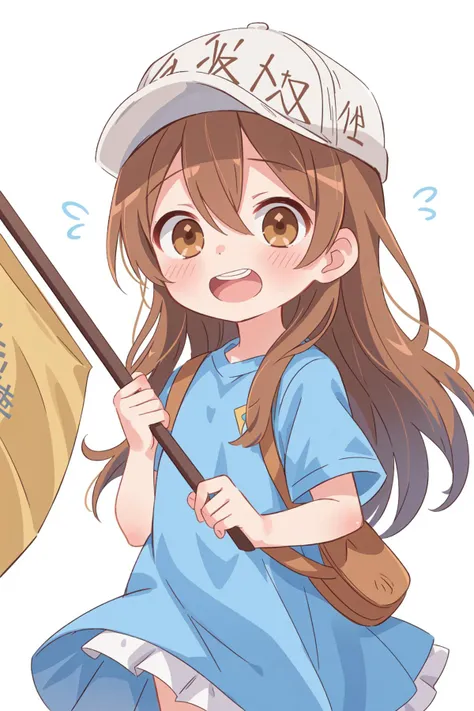 Plateletï¼KesshÅban),
1girl,platelet (hataraku saibou),solo,long hair,hat,flag,brown eyes,shirt,open mouth,brown hair,white background,blue shirt,simple background,flat cap,looking at viewer,flying sweatdrops,holding,short sleeves,holding flag,teeth,white headwear,blush,hair between eyes,,
<lora:Rabbit_Platelet:1>,