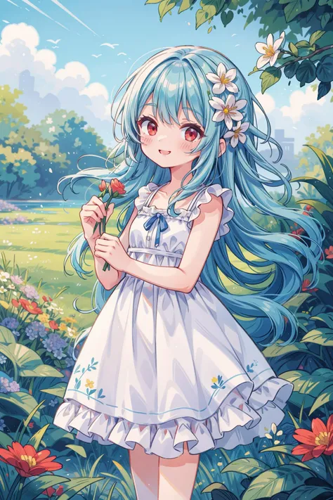 ((best quality)),((masterpiece)),((ultra-detailed)),(illustration),(detailed light),(an extremely delicate and beautiful),((trim)),incredibly_absurdres,(ray tracing),(reflection light),,BREAK (8k:1.3),Wallpaper,1girl,(girl middle of flower),(pure skyblue hair, red eyes:1.5),clear sky,outside,ultra-detailed, beautiful,pretty, (absurdly long hair, clear boundaries of the cloth:1.2),(pure white dress, pure white silk cloth:1.2),(ground of flowers, thousand of flowers, colorful flowers, flowers around her, various flowers),young,attractive,sundress,fantastic scenery,pure white high heels, <lora:add_detail:0.8>, blush, smile, (cowboy shot:1.4),
