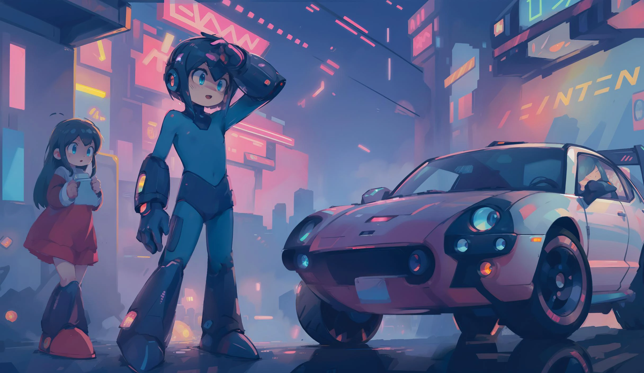 (perspective:1.4), (high_resolution:1), (masterpiece:1.2), (best_quality:1), (very_detailed:1),(hyper realistic:1), "(In (cyberpunk) city, neon lights, cybernetics, futuristic cars:1.5), (simple background:1.6)", ""<lora:Megaman1:0.8> megaman, helmet, blue eyes, android, bodysuit" and "<lora:megaman_roll_dblora_01:1> megamanroll, (red dress)", 1boys and 1girls and ,(holding pistol:1.5), (happy:1.2)"