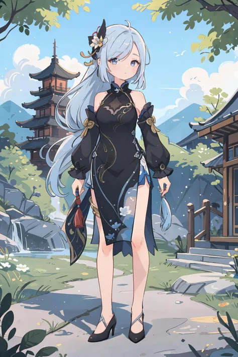 1girl, shenhe \(frostflower dew\) \(genshin impact\), solo, hair flower, black china dress, detached sleeves, low-tied long hair, thighlet, black pumps, full body, standing, looking at viewer, expressionless, mountain, east asian architecture, outdoors, depth of field, masterpiece