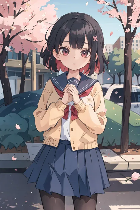 1girl, ellen joe, solo, school uniform, white shirt, sweater, pleated skirt, pantyhose, expressionless, looking at viewer, parted lips, heart hands, outdoors, street, cherry blossoms, petals, depth of field