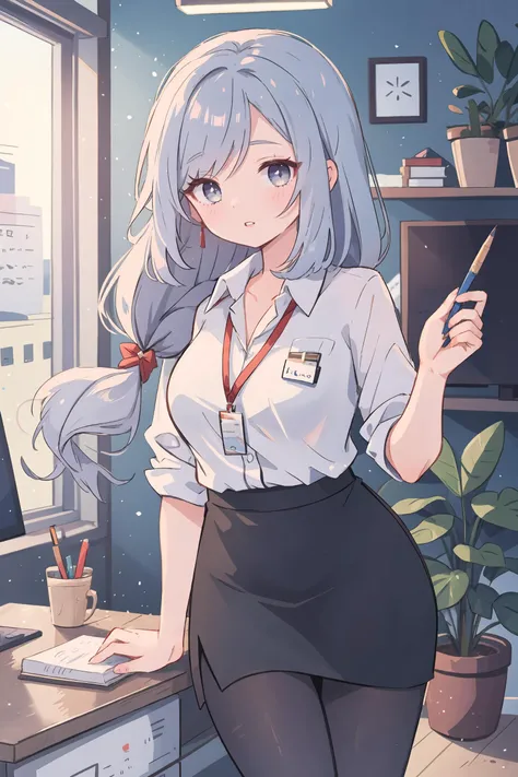 1girl, shenhe \(genshin impact\), braid ponytail, office lady, collared shirt, pencil skirt, pantyhose, looking at viewer, parted lips, cowboy shot, office, indoors, depth of field, masterpiece