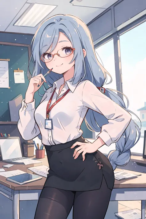 1girl, shenhe \(genshin impact\), braid ponytail, solo, office lady, white collared shirt, pencil skirt, pantyhose, glasses, smirk, looking at viewer, hand on hip, office, indoors, depth of field, masterpiece