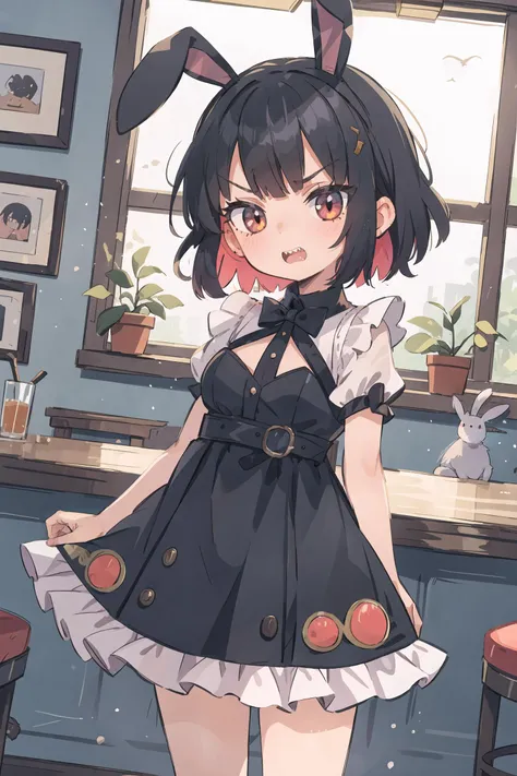 1girl, ellen joe, playboy bunny, fishnets, fake animal ears, rabbit ears, bar \(place\), indoors, depth of field, cowboy shot, taut dress, v arms, looking at viewer, embarrassed, blush, angry, clenched teeth, sharp teeth