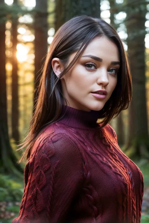 photo of S119_AlyaStark, a stylish woman, in a (forest:1.1), wearing a (sweater:1.2), (sunset), (8k, RAW photo, best quality, depth of field, ultra high res:1.2), (absurdres, intricate, photorealistic, masterpiece, ultra-detailed, Unreal Engine:1.3)