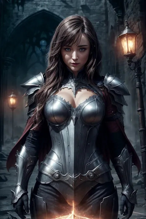photo of (S119_AlyaStark), Alya Stark, Hyperrealistic, poster, book cover, perfectly symmetrical face, high detailed perfect cyborg face:1.4, smile, larger jaw, many jewels, (natural bangs:1.6, shut mouth), clean forehead, clean face, sexy armor, revealing armor, provocative armor, gauntlets, gorgeous, embossed engraved highly detailed armor, ((intricate details)), short cape, pelvic curtain, high detail, sharp focus, CG unity, 8k wallpaper, best quality, masterpiece, cowboy-shot, fantasy art, from front, belts, good composition, good design, subsurface scattering, (good anatomy), (perfect proportions of fashion model like), medieval architecture, medieval soldiers in background, ornate frames:0.8, heroic pose, unified color scheme, <lora:add_detail:0.7>, DarkFantasy, glowing runes, magical powers, dark magic, spell casting, wizardry, sorcery, (illuminated face, face lighting, studio lighting)