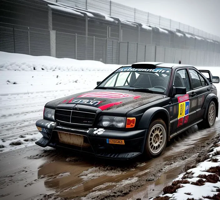 ((masterpiece, best quality)), raw photo, gloomy sad night, black overcast skies, horror, creepy
(dark, night time, midnight, pitch black, headlights glowing)
(side view of a muddy and dirty car racing along a snowy rally stage:1.3) 190evo, wrc
<lora:epi_noiseoffset2:1.2>
<lora:add_detail:0.74> <lora:190Evo:0.8>