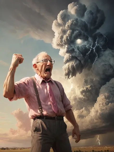 oil painting of an frail old man with clenched fist yelling wearing glasses and an old faded pinkish rugby shirt with a bollo tie around his neck and looking at a BREAK threatening martius_storm cloud, historical accurate depiction of 2 mortal enemies, cinematic, detailed, atmospheric , dramatic light, <lora:SDXL - Style - Storm_Cloud_Style_SDXL:1>, <lora:SDXL - Style - xl_more_art-full_v1:.2>