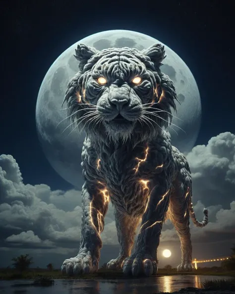 Alien Tiger, Moon in the night, in focus, Movie still, L USM, Cathode tube, raytraced reflections, <lora:Storm_Cloud_Style:1> martius_storm