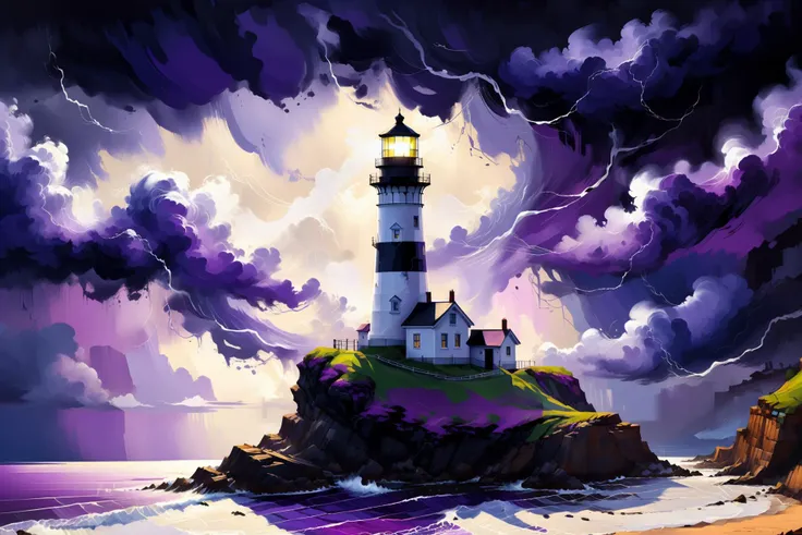 purple storm clouds, light house on a cliff, layered paint, black and purple diagonal background, black and white <lora:xl_more_art-full_v1:1> <lora:add-detail-xl:1> misc, by tom whalen,   <lora:Storm_Cloud_Style_SDXL:0.9> martius_storm, (masterpiece:1.2), best quality, (hyperdetailed, highest detailed:1.2), high resolution textures, <lora:EnvyBetterHiresFixXL01:1>