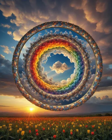 award winning, Epochal Rainbow"Through the lens of acceptance, we find peace in embracing the ever-changing nature of life's kaleidoscope.", at Sunrise, Lonely, 50mm, Pixabay, RTX, <lora:Storm_Cloud_Style:1> martius_storm