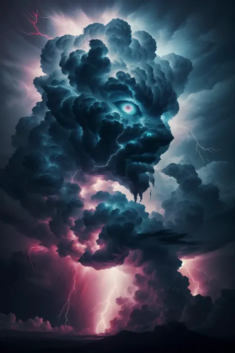 an eye of the elder gods made of fire-infused clouds, lightning, storm, shadow, ominous, epic, dramatic, red and teal color scheme, chroma <lora:martius_storm:1>