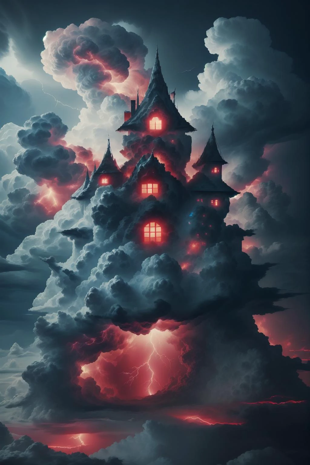 a castle made of fire-infused clouds, lightning, storm, shadow, ominous, epic, dramatic, red and teal color scheme, chroma <lora:martius_storm:1>