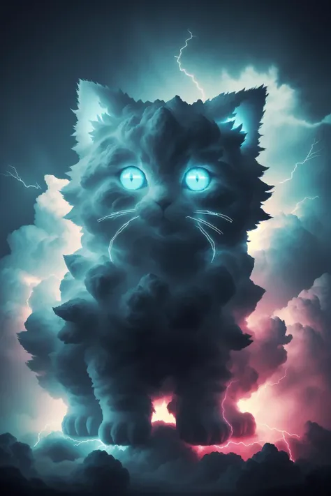 ghost cute fluffy kitten made of neon-infused clouds, lightning, storm, shadow, ominous, epic, dramatic, red and teal color scheme, chroma <lora:martius_storm:0.8>