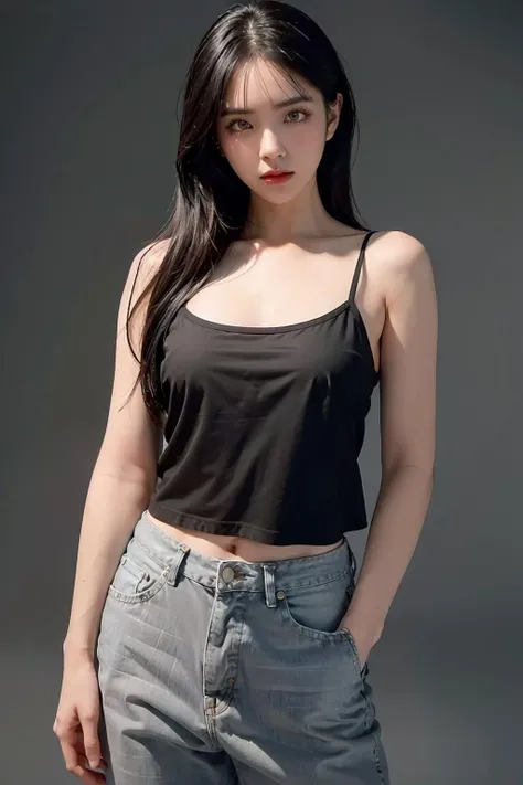 1girl, black hair, white camisole, jeans, (isolated on dark-grey background:1.2), dynamic pose, (low key lighting:1.2), shot on Canon EOS 5D, , best quality, ultra high res, (photorealistic:1.4), masterpiece, real life skin, hyper real, Depth of field, perspective, detailed beautiful eyes and detailed face, <lora:incntw-04:1>