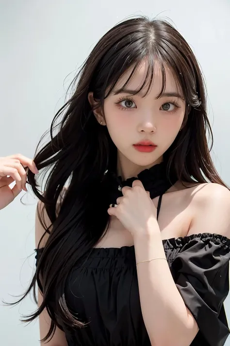 1girl,hair with bangs,black long dress,white background, <lora:incntw-04:1>