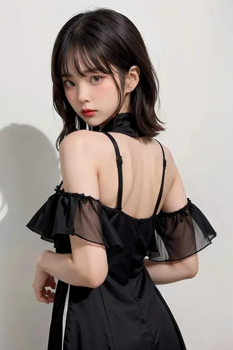 1girl,hair with bangs,black long dress,white background, <lora:incntw-04:1>
