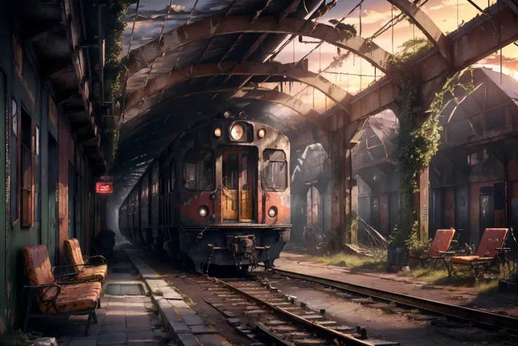 8k, realistic, vray, HDR, 6000K, no human, a train station, sunset <lora:PostApocalyptic5-000007:0.6> SZ_4po enviroment