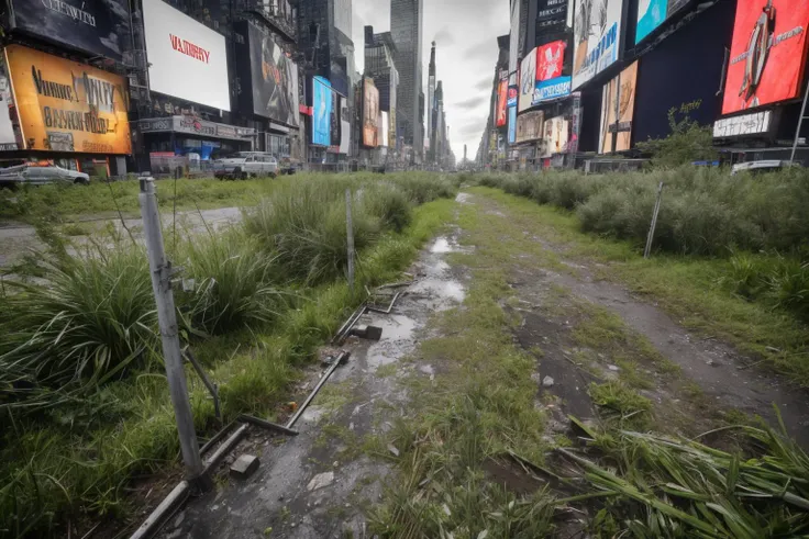 8k, realistic, vray, HDR, 6000K, new york, time square, overgrown weeds, grass, vines, no human, rusty wrecked cars, parts missing, crumbling buildings, <lora:PostApocalyptic5-000007:0.65> SZ_4po enviroment, , <lora:add_detail:0.5>