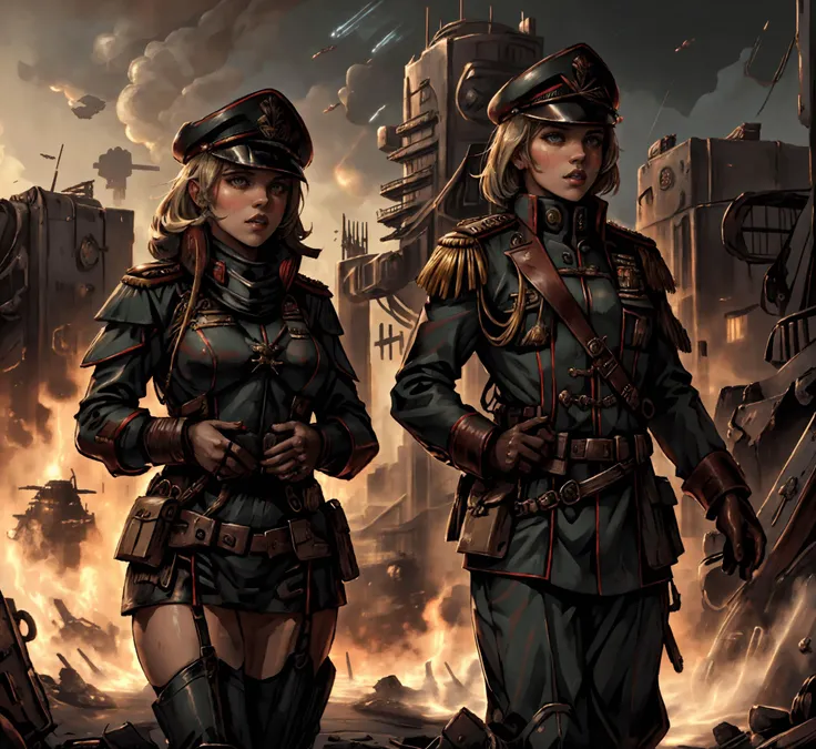 <lyco:dieselpunkai_9MB:.3> <lyco:InfernalAIv8:.3> <lyco:nomomassive:.3> <lyco:warhammer 40k commissar:.8>, astra militarum, commissar uniform, imperial guard, soldier, background is massive cityscape, destroyed futuristic city, <lora:PostApocalyptic3:.3>, retrofuturism, 1940s, by J Scott Campbell, by Greg Rutkowski, 1girl, woman, fit, emb-haiz mixed with f4yegr4nt mixed with EmWat69 mixed with sydsweeney97 mixed with K4yl4J0n3s01