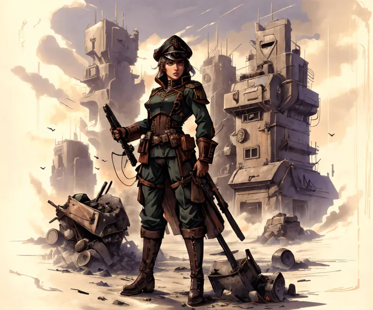 <lyco:dieselpunkai_9MB:.3> <lyco:InfernalAIv8:.3> <lyco:nomomassive:.3> <lyco:warhammer 40k commissar:.8>, astra militarum, commissar uniform, imperial guard, soldier, sword, pistol, background is massive cityscape, destroyed futuristic city, <lora:PostApocalyptic3:.3>, retrofuturism, 1940s, by J Scott Campbell, by Greg Rutkowski, 1girl, woman, fit, emb-daisy mixed with Bell4L0b4t001 mixed with s0ph1al0ren mixed with AudreyHepburn mixed with c4rmr0se