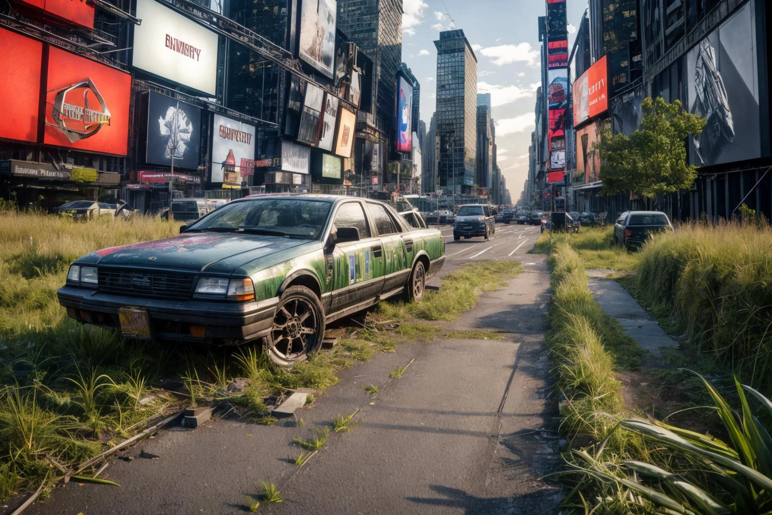 8k, realistic, vray, HDR, 6000K, new york, time square, overgrown weeds, grass, vines, no human, rusty wrecked cars, parts missing, crumbling buildings, <lora:PostApocalyptic5-000007:0.65> SZ_4po enviroment, , <lora:add_detail:0.5>