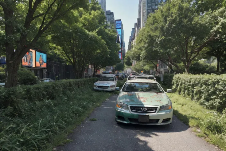 8k, realistic, vray, HDR, 6000K, new york, time square, overgrown weeds, grass, trees, vines, no human, rusty wrecked cars, crumbling buildings, <lora:PostApocalyptic5-000007:0.65> SZ_4po enviroment, , <lora:add_detail:0.5>